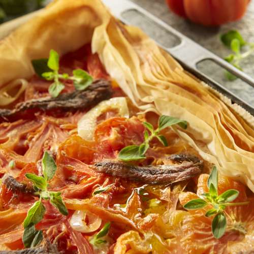 Tarte tomates-oignons doux au duo de fromages italiens